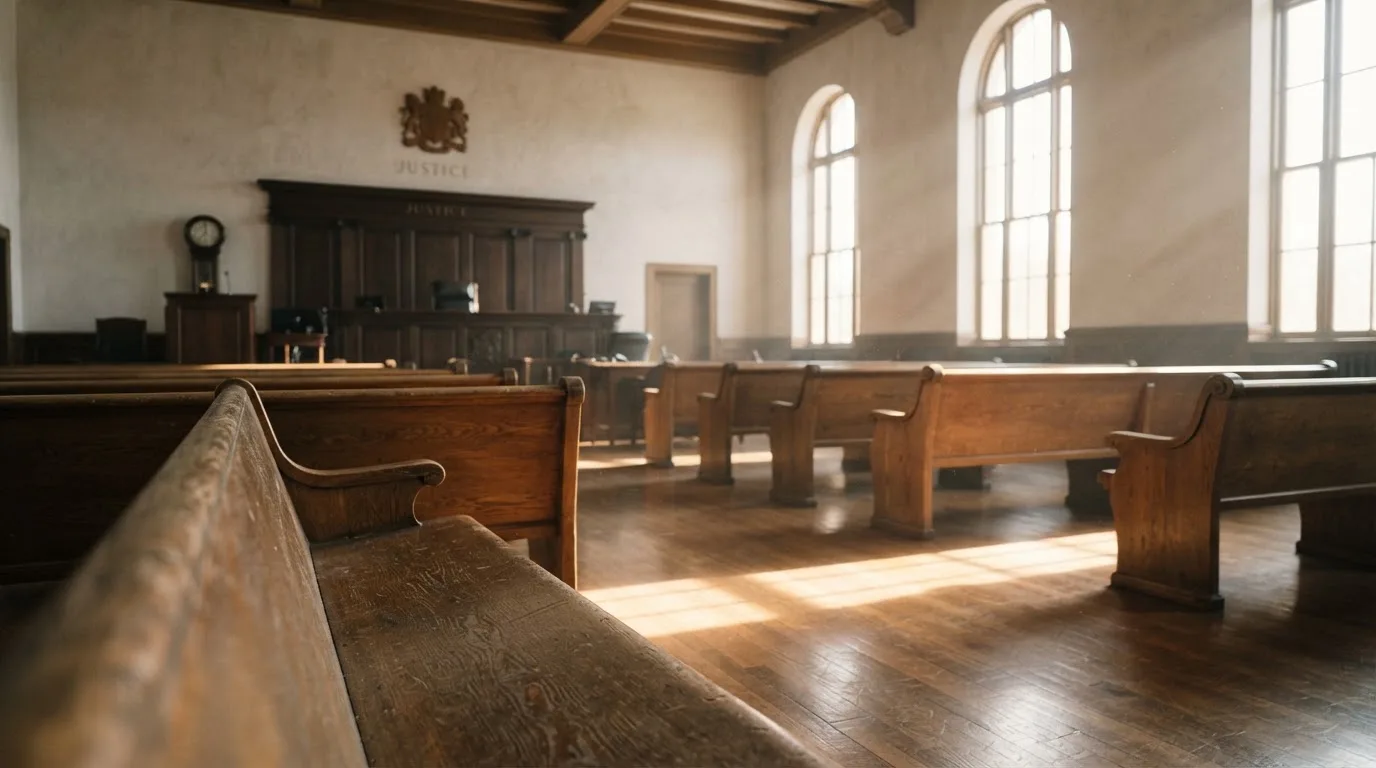 An empty courtroom with wooden benches in morning light