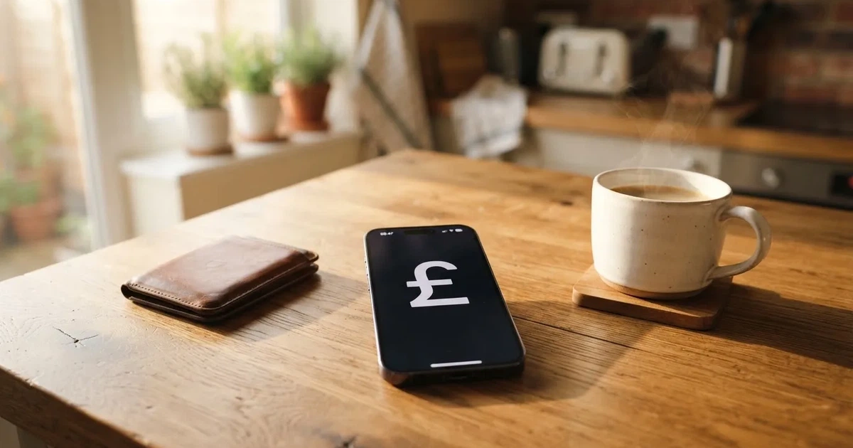 A smartphone on a wooden table beside a wallet and a coffee cup