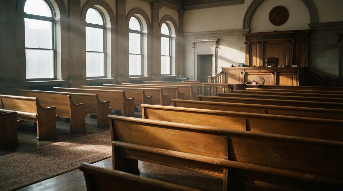 An empty courtroom with wooden benches in morning light