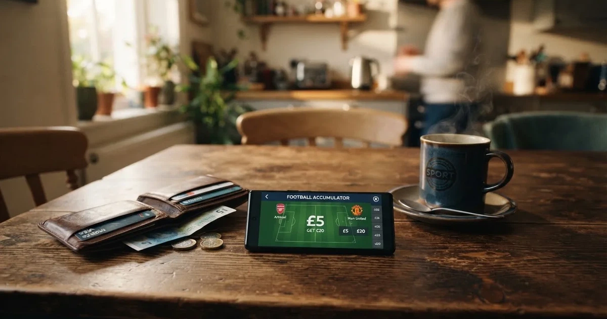 A smartphone on a wooden table beside a wallet and a coffee cup