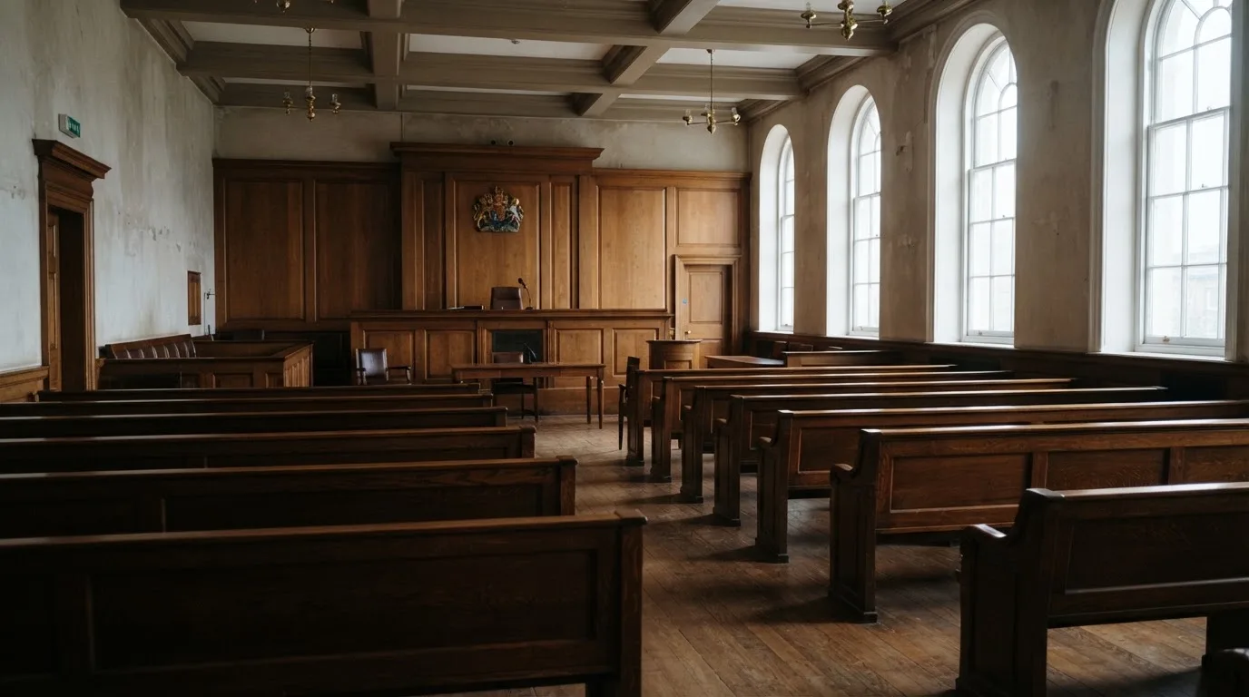An empty courtroom with wooden benches in morning light