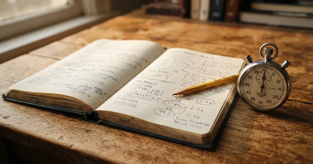 An open notebook with a pencil and a stopwatch on a wooden table
