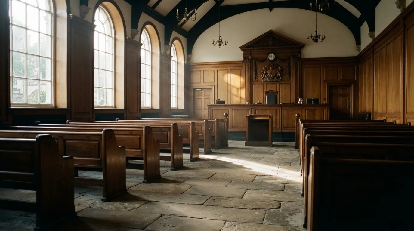 An empty courtroom with wooden benches in morning light