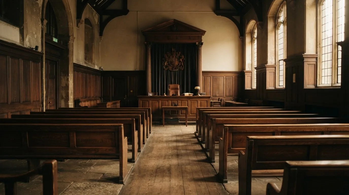 An empty courtroom with wooden benches in morning light