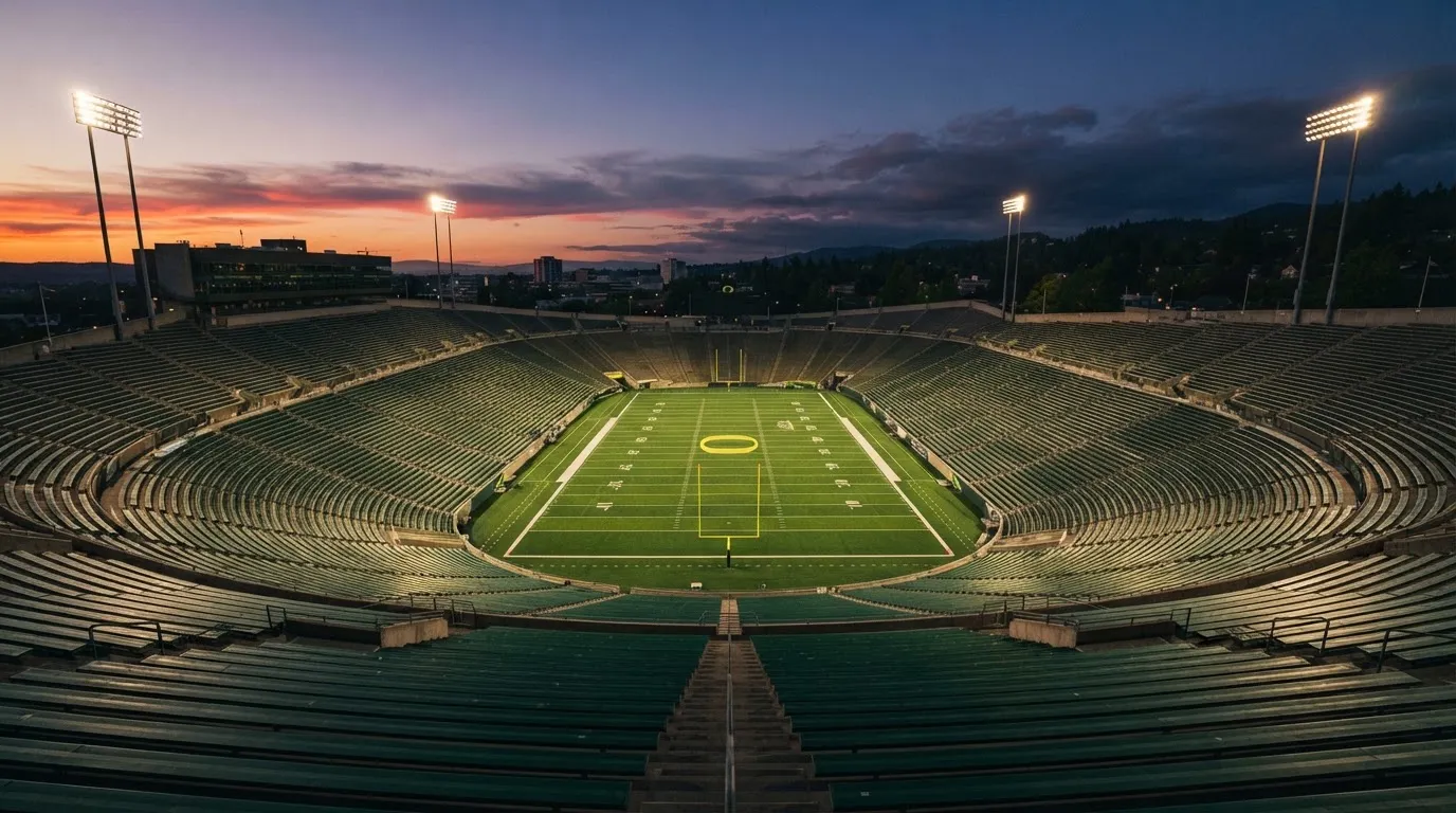 An empty football stadium with floodlight masts at dusk