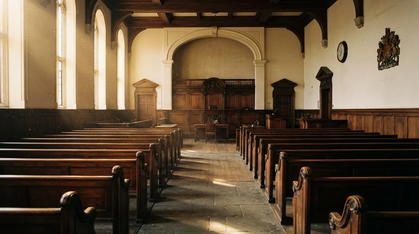 An empty courtroom with wooden benches in morning light