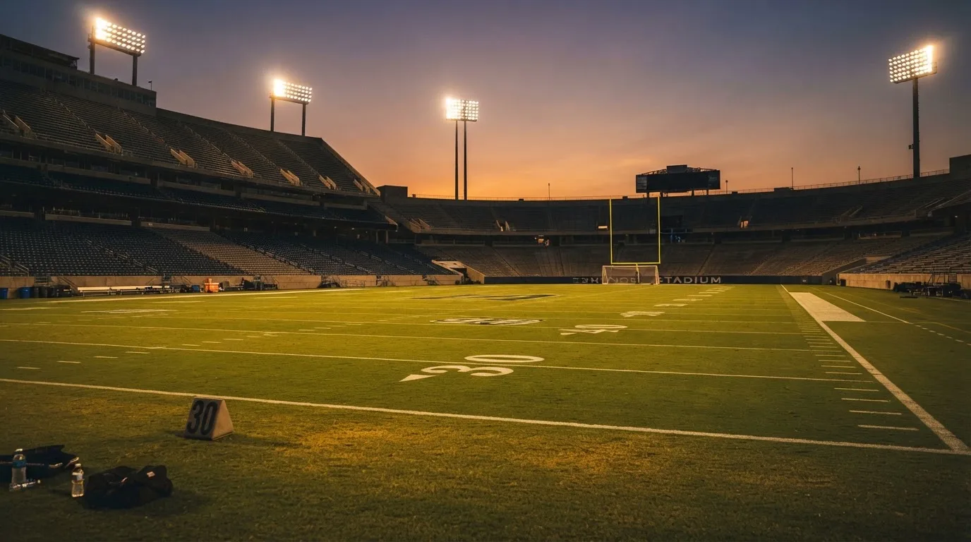 An empty football stadium with floodlight masts at dusk