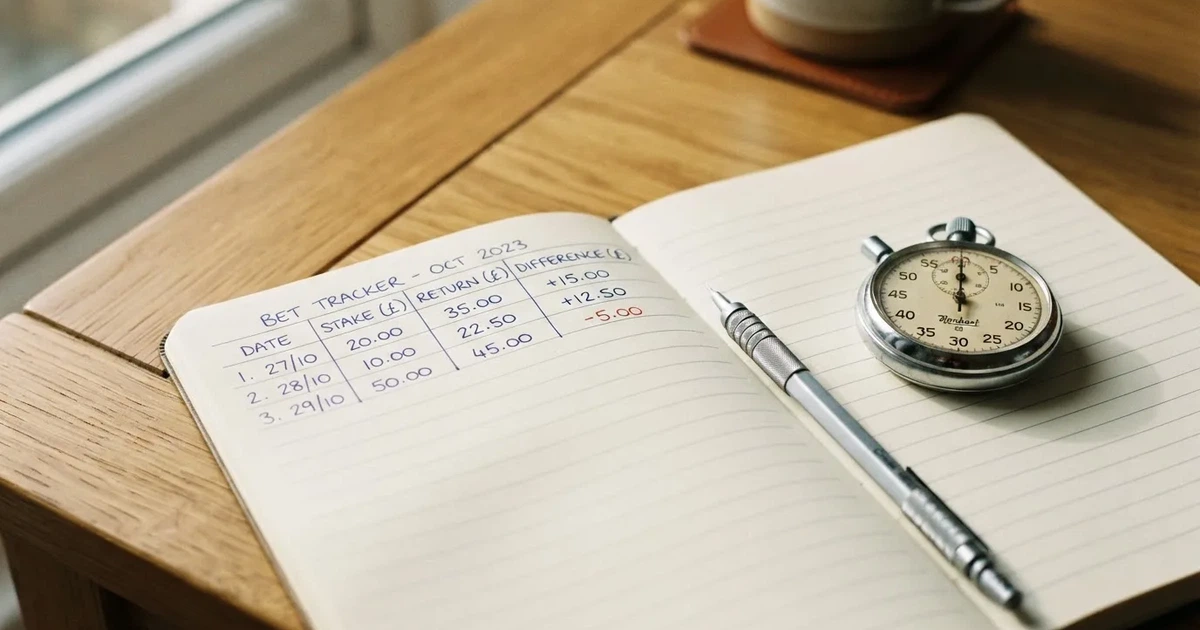 An open notebook with a pencil and a stopwatch on a wooden table