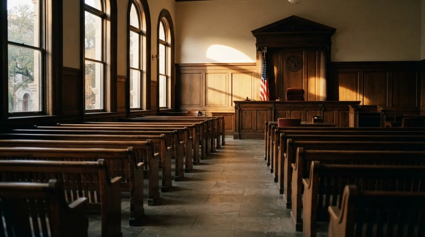 An empty courtroom with wooden benches in morning light