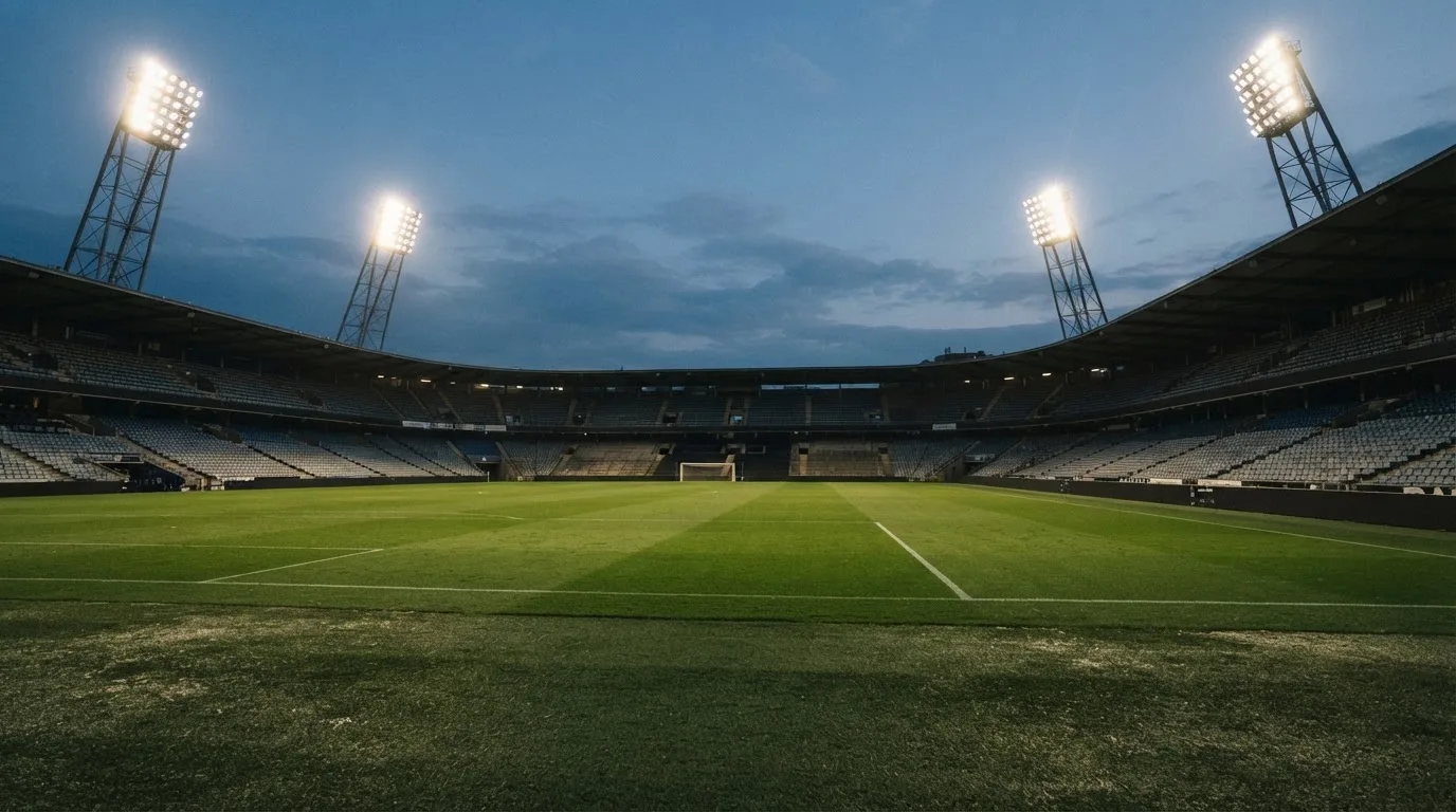 An empty football stadium with floodlight masts at dusk