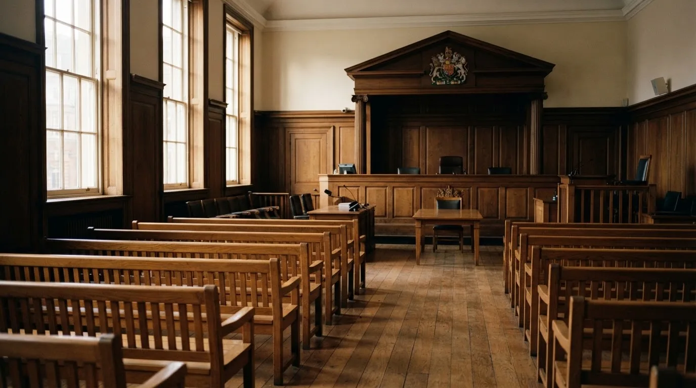 An empty courtroom with wooden benches in morning light