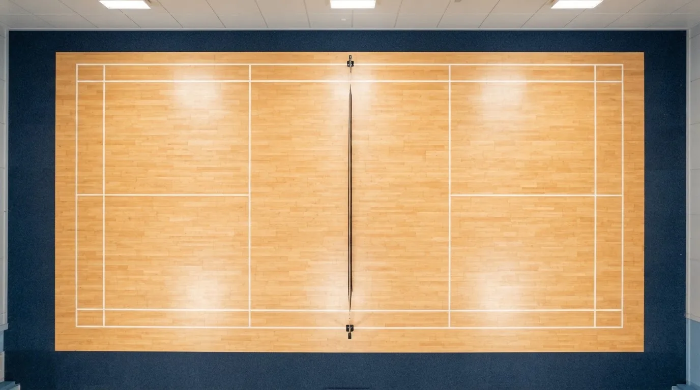 An empty courtroom with wooden benches in morning light