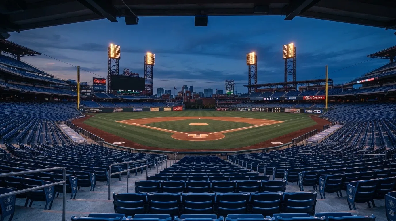 An empty football stadium with floodlight masts at dusk