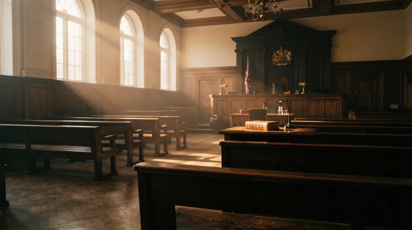 An empty courtroom with wooden benches in morning light