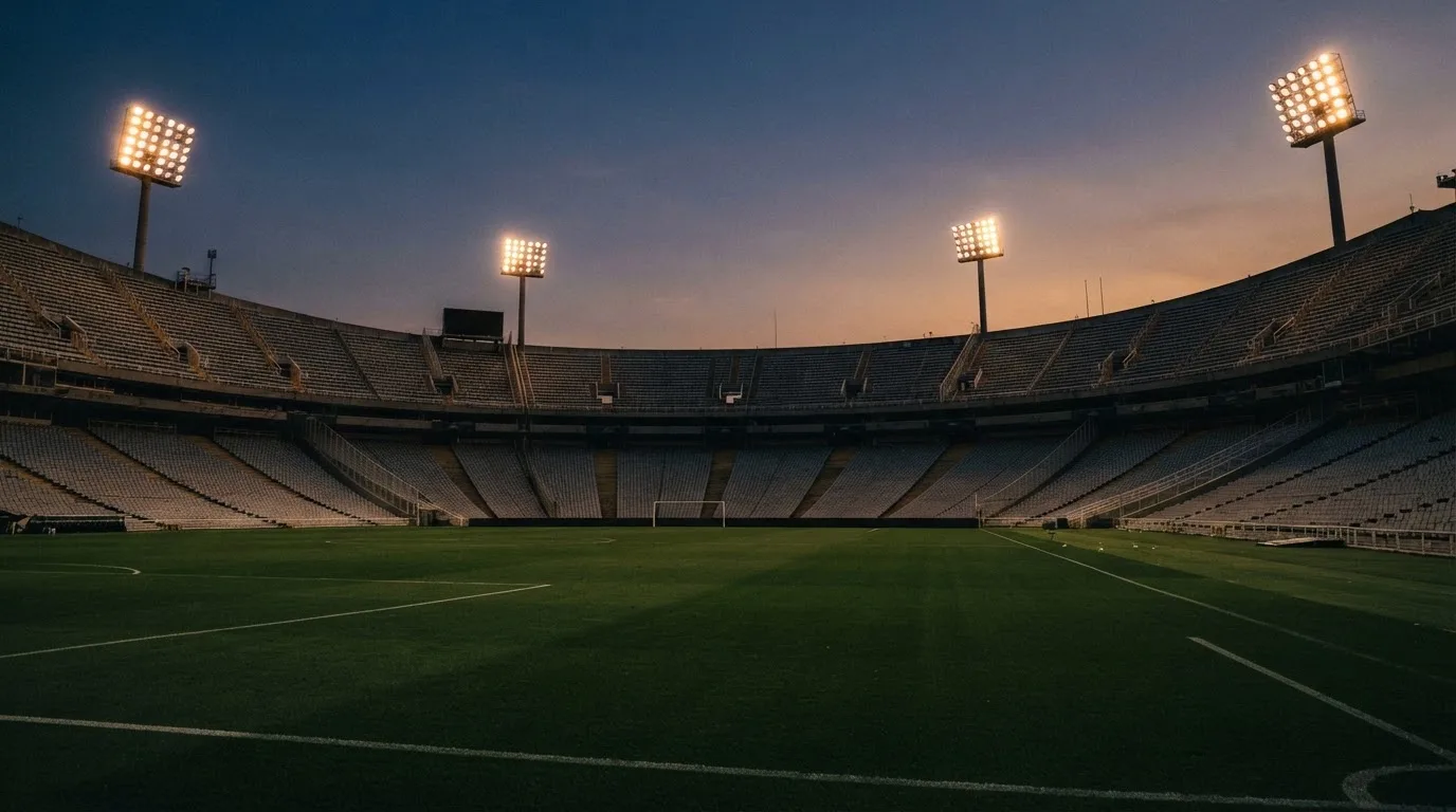 An empty football stadium with floodlight masts at dusk