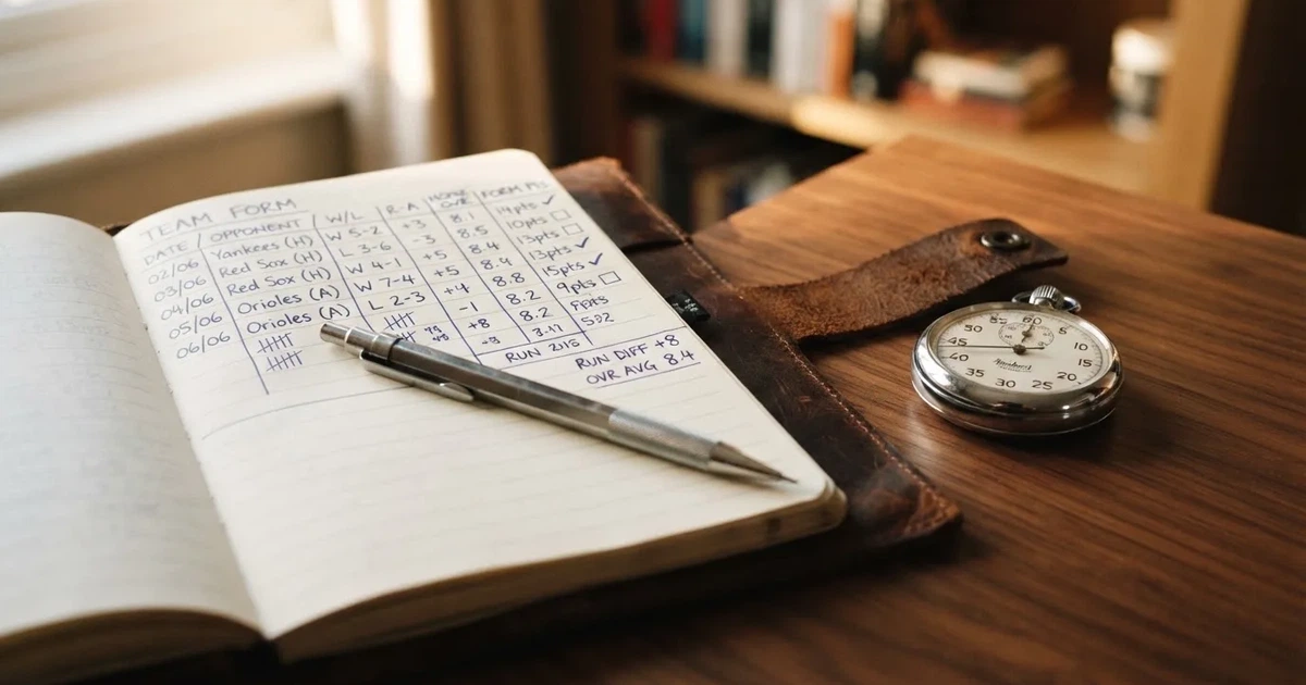 An open notebook with a pencil and a stopwatch on a wooden table