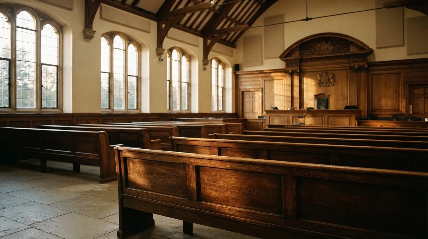 An empty courtroom with wooden benches in morning light