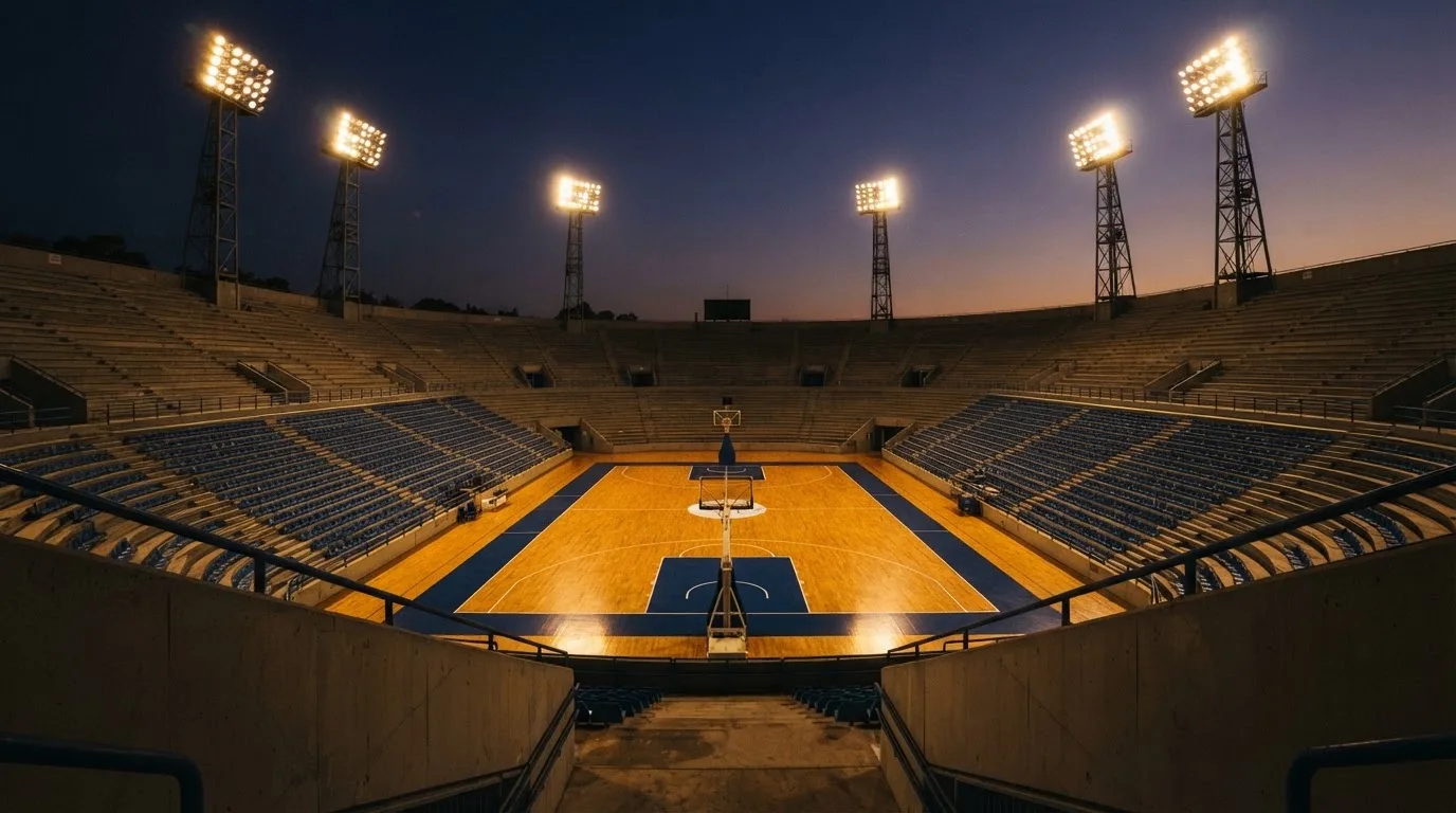 An empty football stadium with floodlight masts at dusk