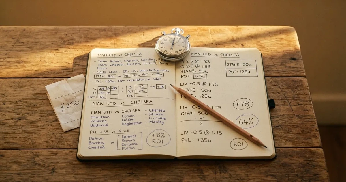 An open notebook with a pencil and a stopwatch on a wooden table