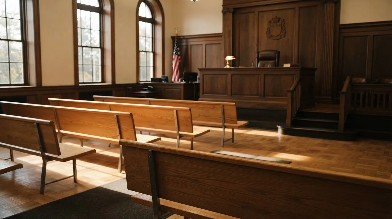 An empty courtroom with wooden benches in morning light