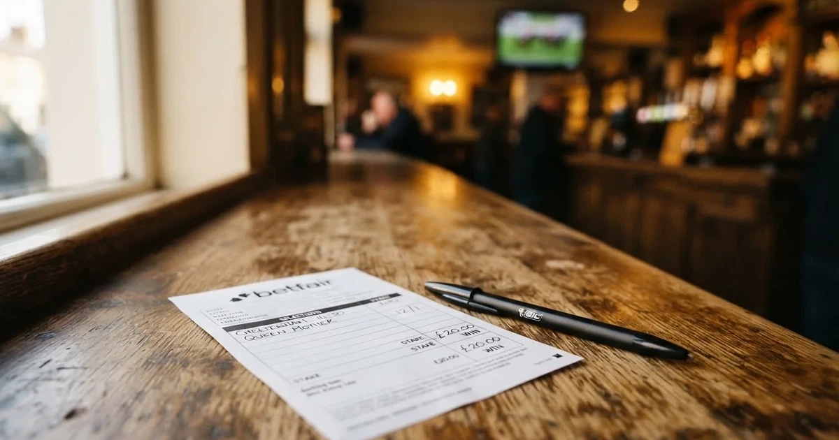A blank paper betting slip beside a pen on a wooden counter