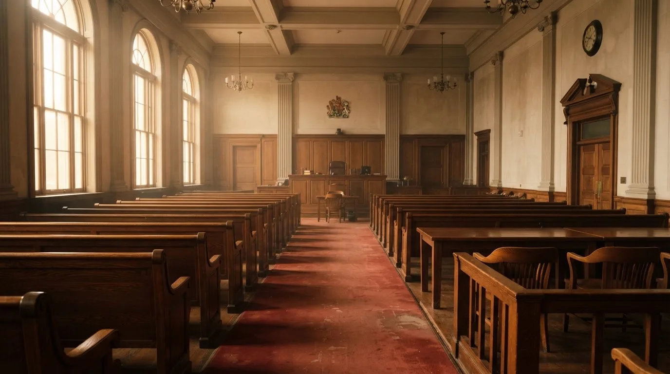 An empty courtroom with wooden benches in morning light