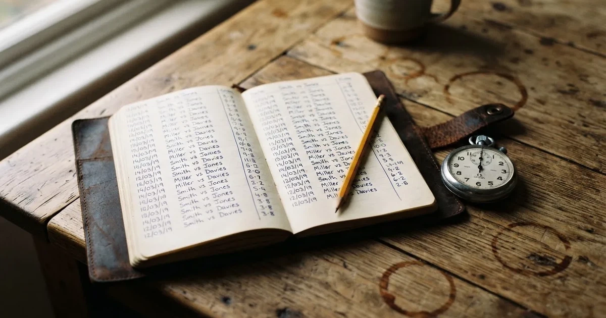 An open notebook with a pencil and a stopwatch on a wooden table