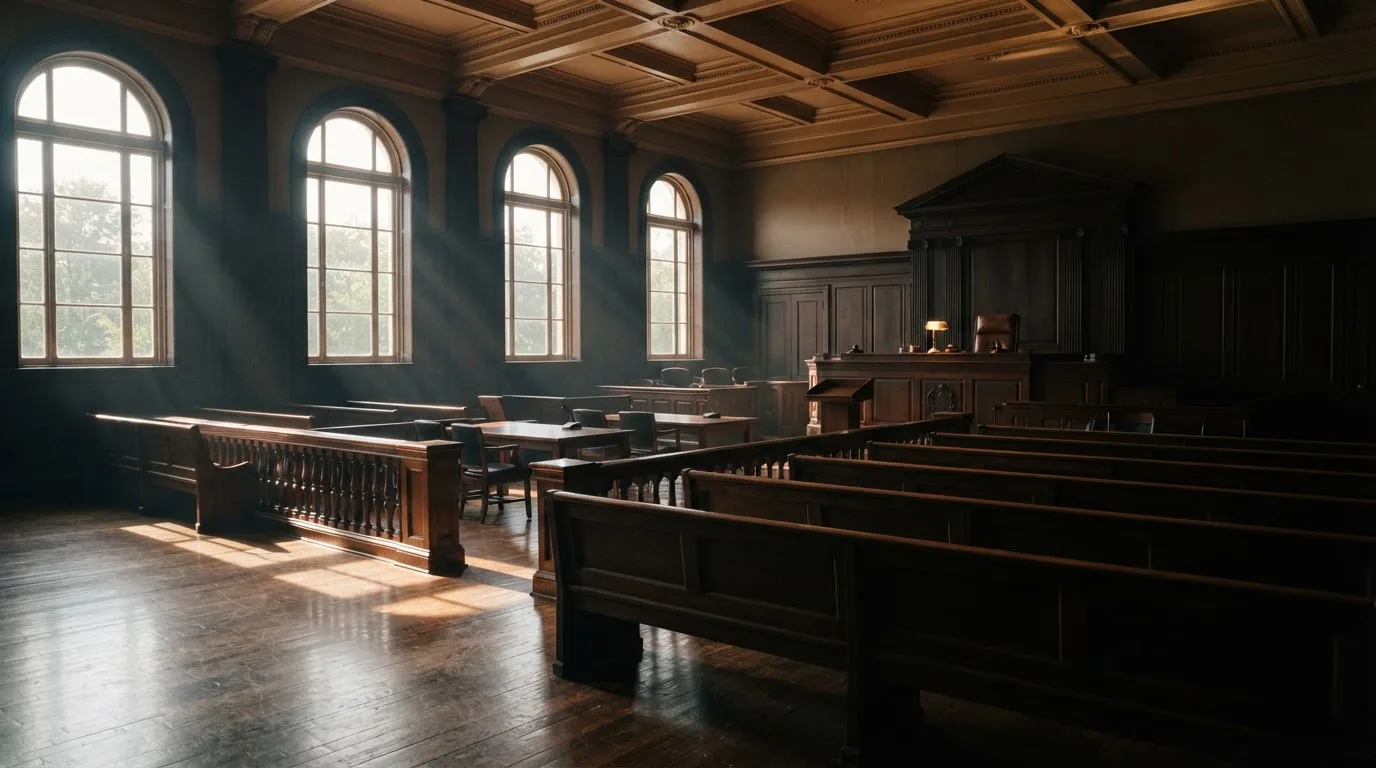 An empty courtroom with wooden benches in morning light