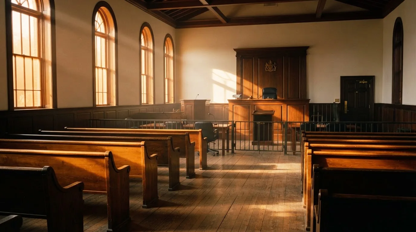 An empty courtroom with wooden benches in morning light