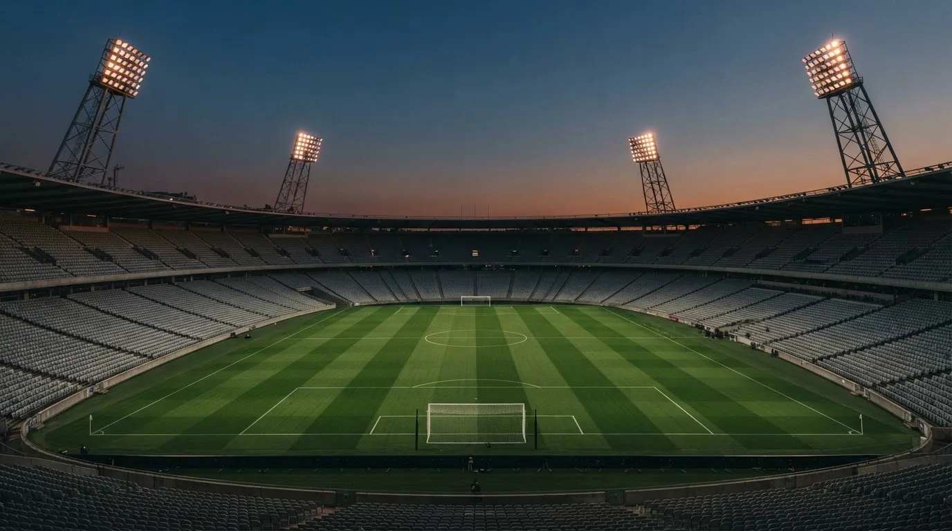 An empty football stadium with floodlight masts at dusk