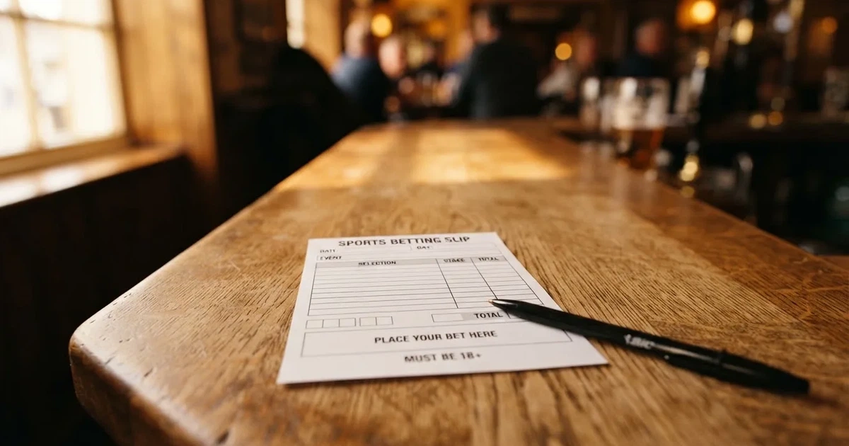 A blank paper betting slip beside a pen on a wooden counter