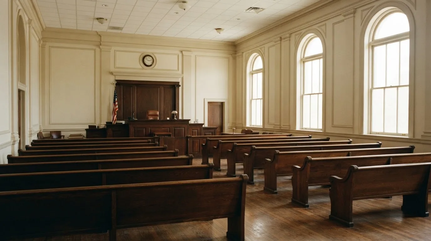 An empty courtroom with wooden benches in morning light
