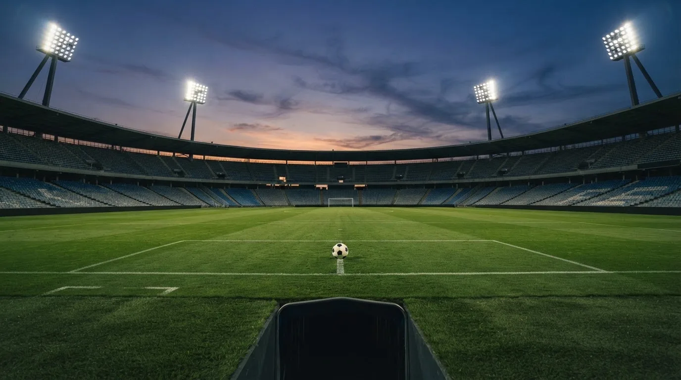 An empty football stadium with floodlight masts at dusk