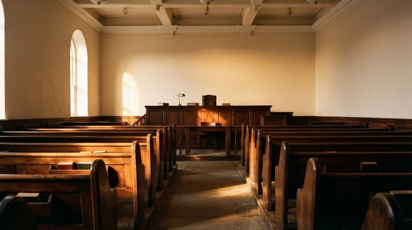 An empty courtroom with wooden benches in morning light
