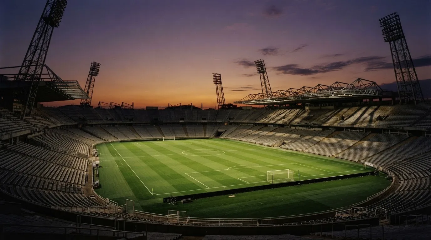 An empty football stadium with floodlight masts at dusk