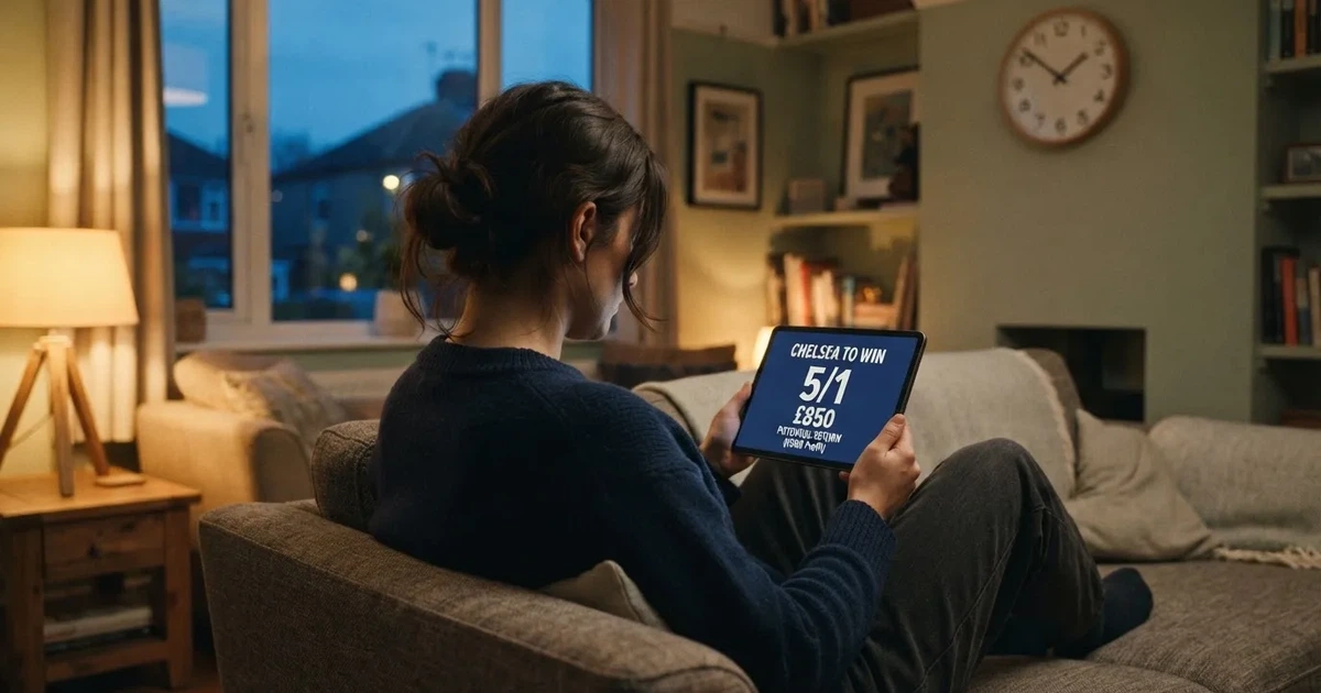 A person on a sofa looking thoughtfully at a tablet, a wall clock in the background