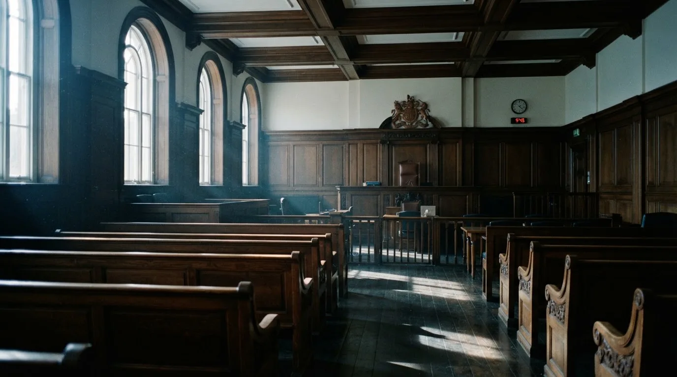 An empty courtroom with wooden benches in morning light