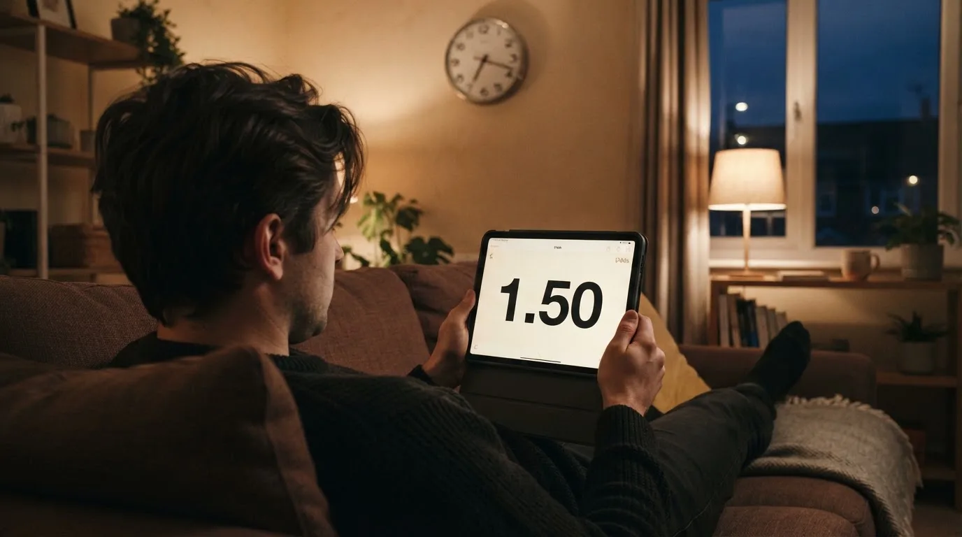 A person on a sofa looking thoughtfully at a tablet, a wall clock in the background