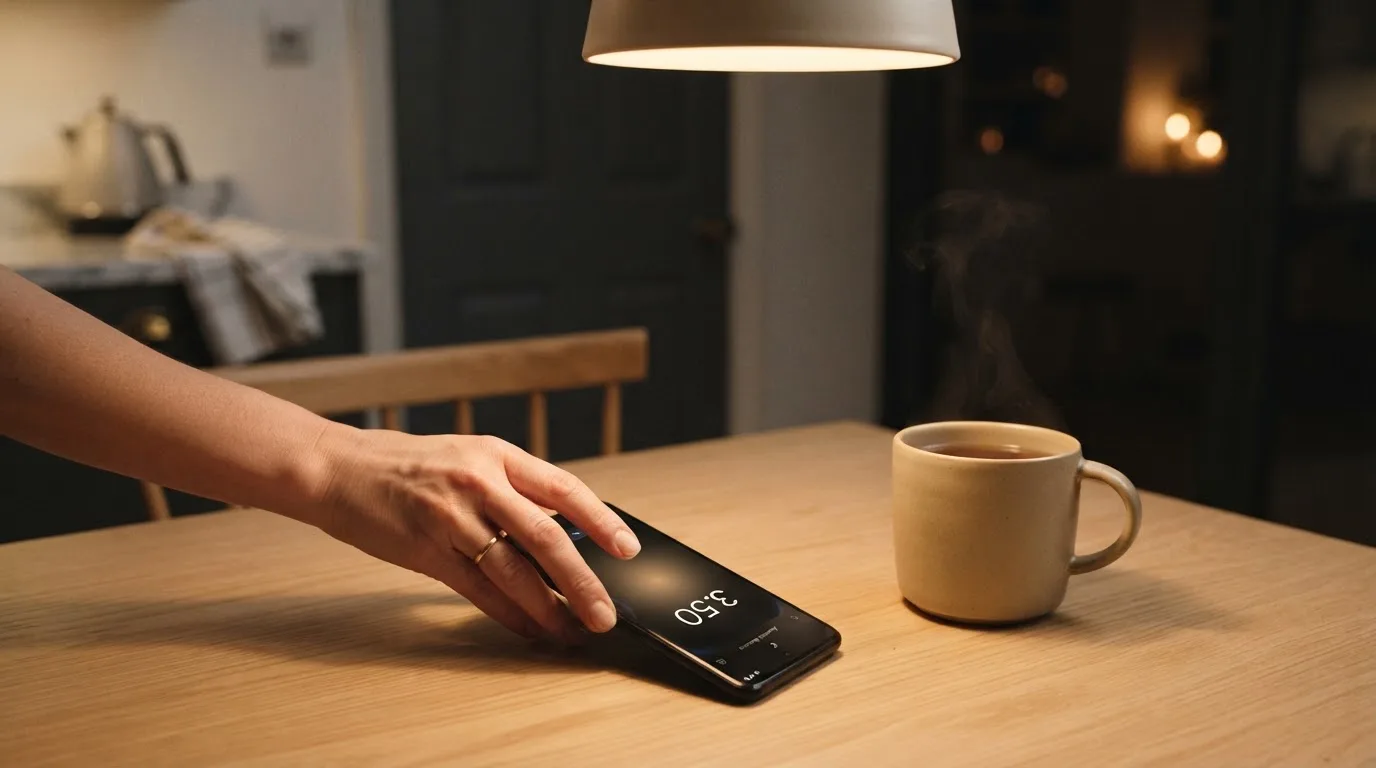 A hand setting a smartphone down beside a cup of tea on a kitchen table on a quiet evening