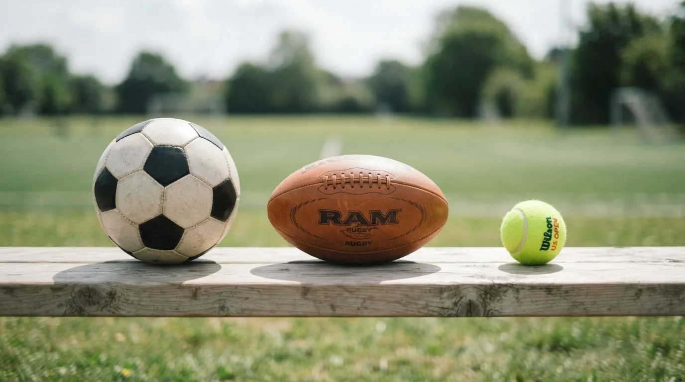 Three balls of different kinds side by side on a wooden bench