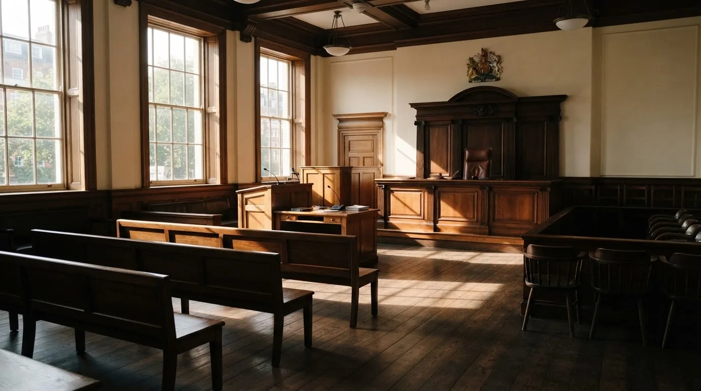 An empty courtroom with wooden benches in morning light