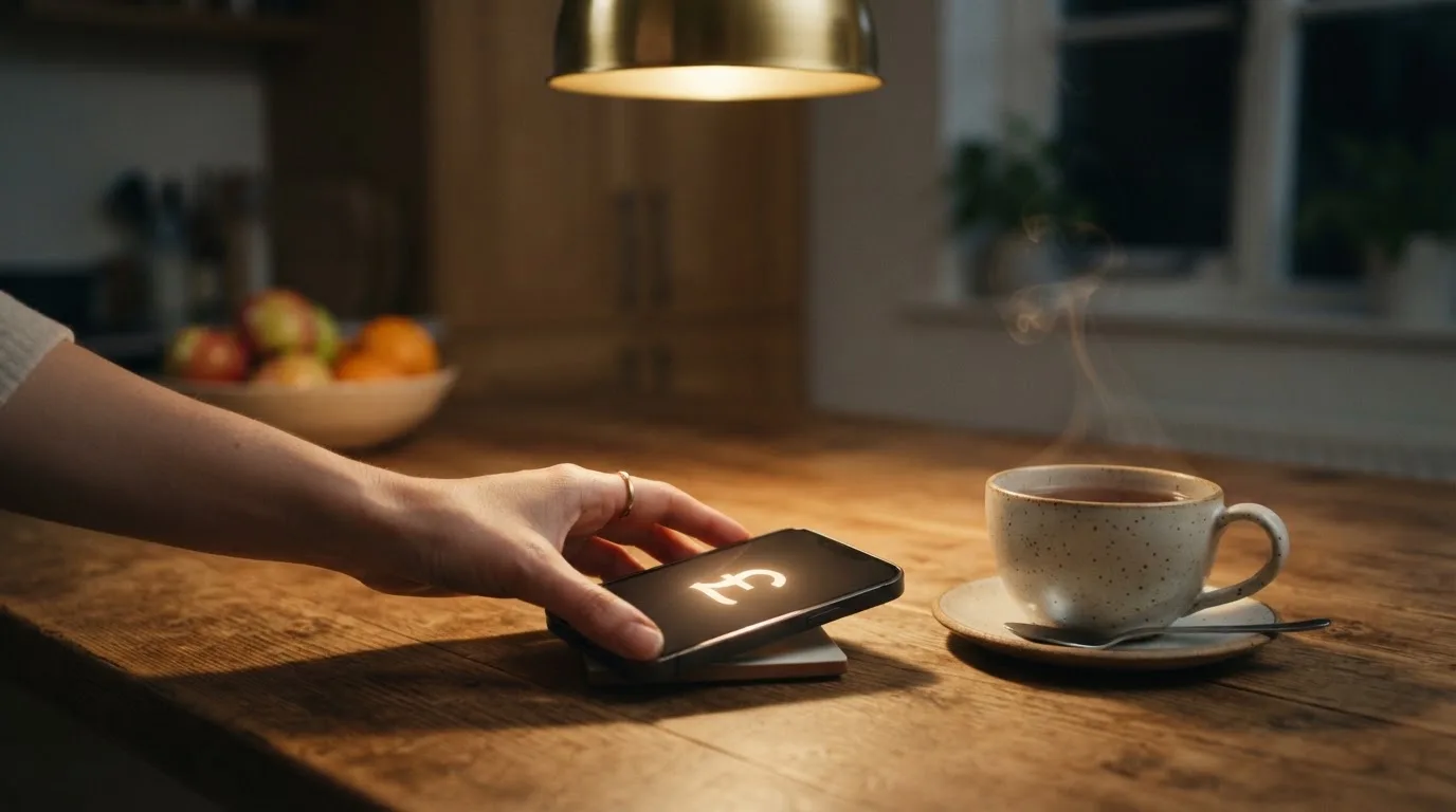 A hand setting a smartphone down beside a cup of tea on a kitchen table on a quiet evening