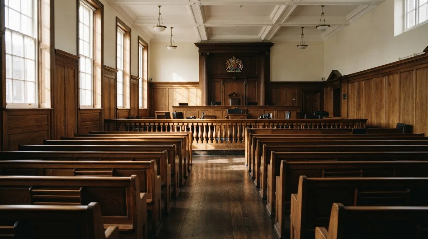 An empty courtroom with wooden benches in morning light
