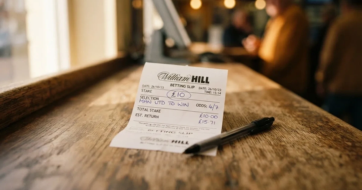 A blank paper betting slip beside a pen on a wooden counter