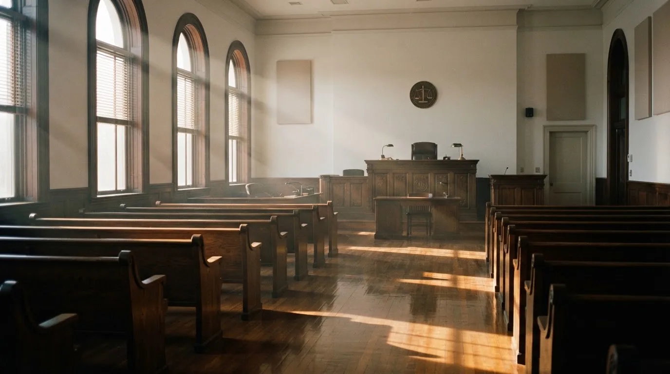 An empty courtroom with wooden benches in morning light