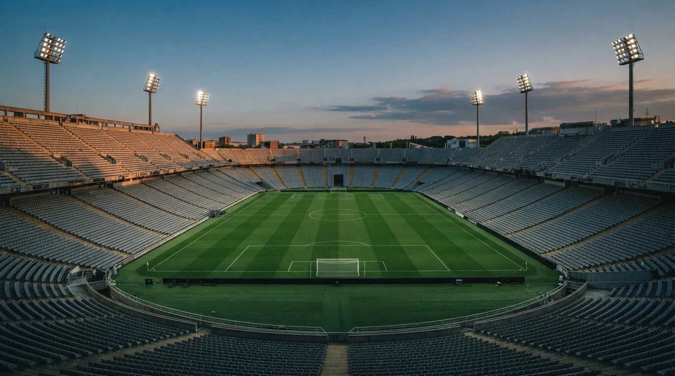 An empty football stadium with floodlight masts at dusk
