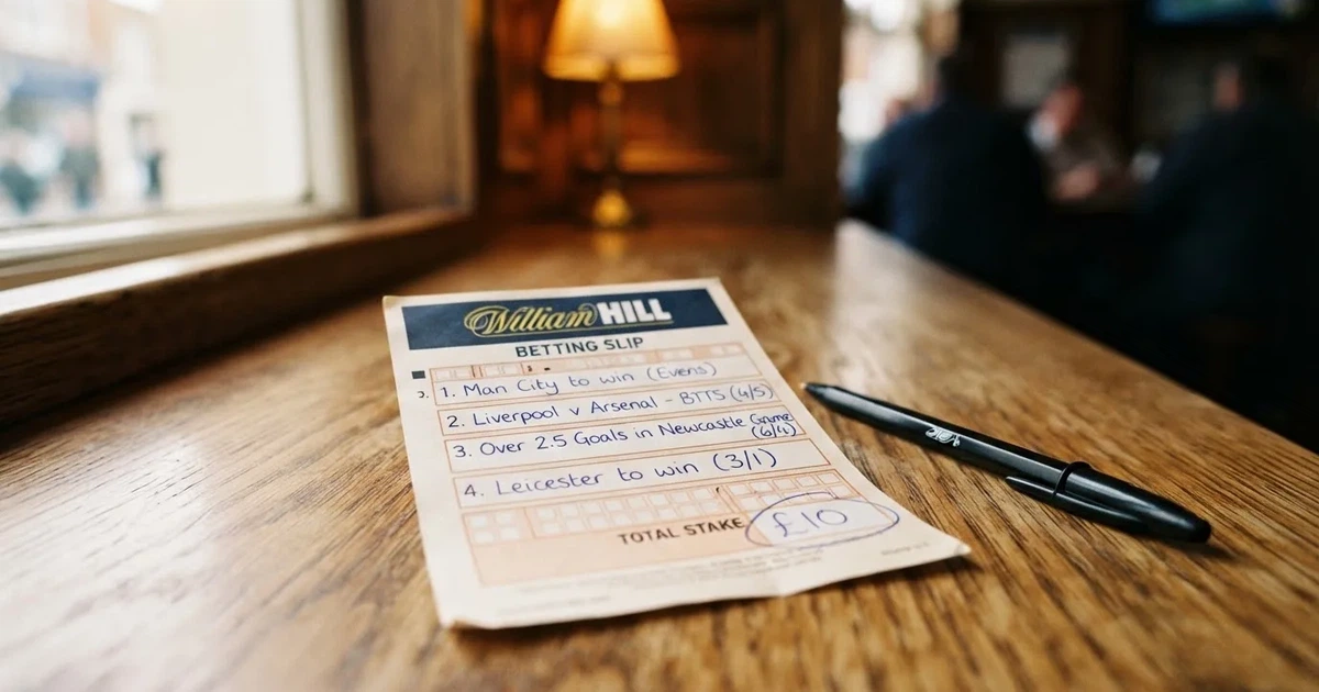 A blank paper betting slip beside a pen on a wooden counter