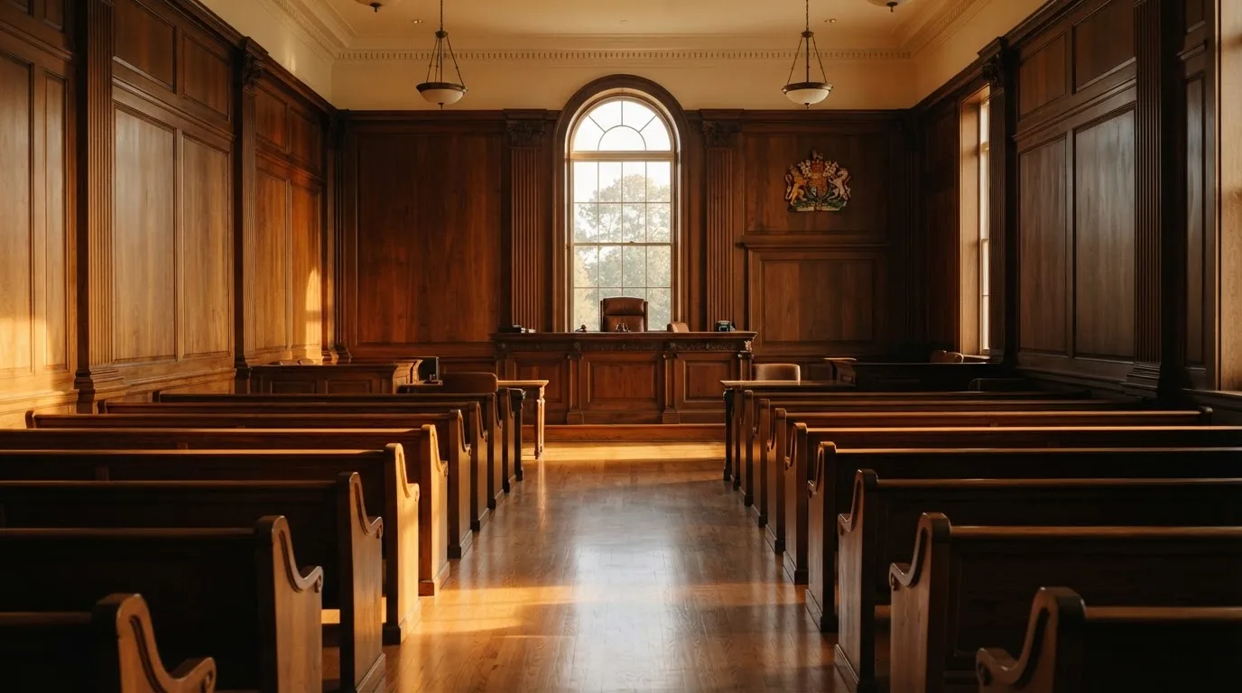 An empty courtroom with wooden benches in morning light