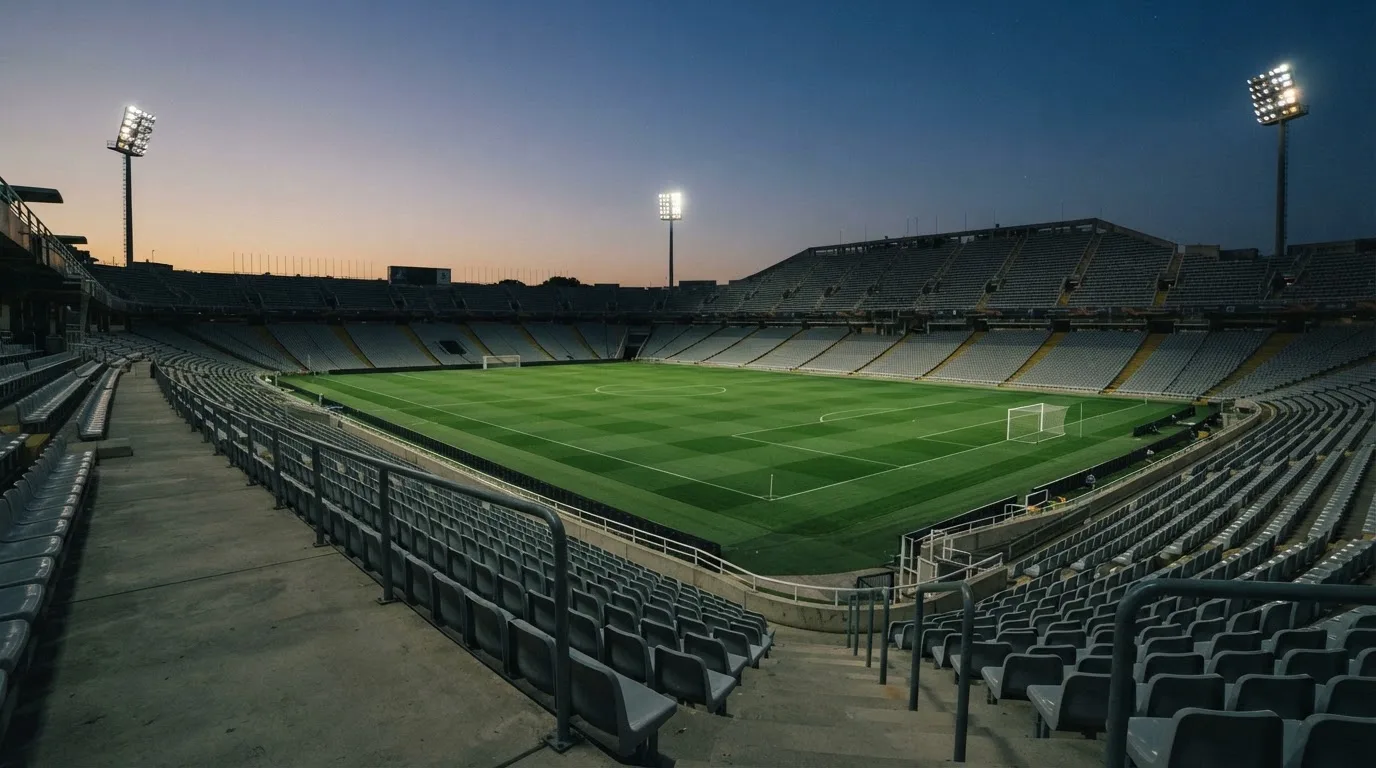 An empty football stadium with floodlight masts at dusk