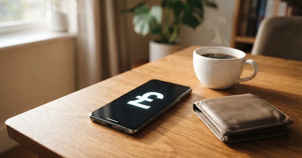 A smartphone on a wooden table beside a wallet and a coffee cup